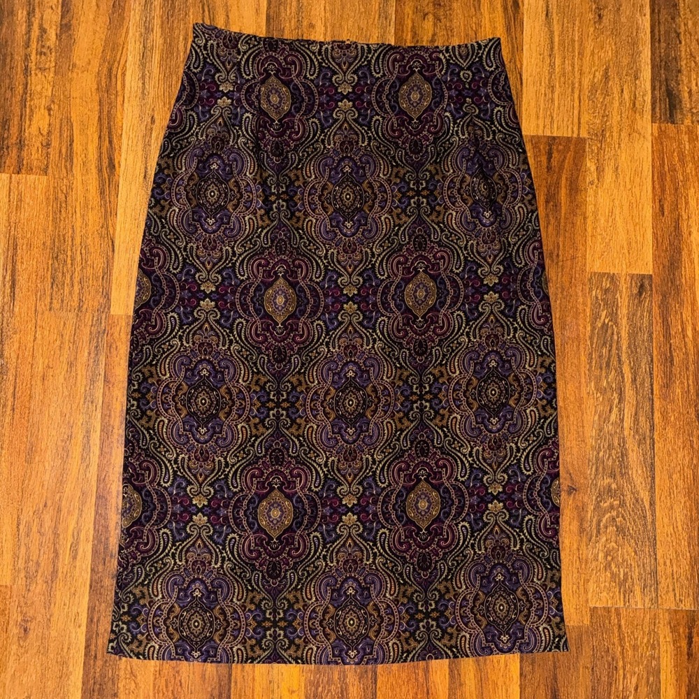 Briggs New York Purple Gold Paisley Medallion Midi Pencil Skirt Lined Womens